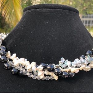 Handcrafted Permanent twist 4 strand pearl, onyx and crystal necklace